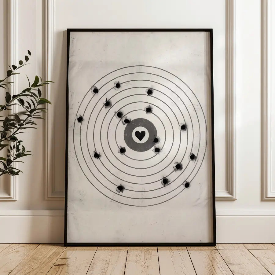 A framed moving target wall art print featuring a black bullseye with a heart at the center, leaning against a white paneled wall on a light wood floor next to a green plant.