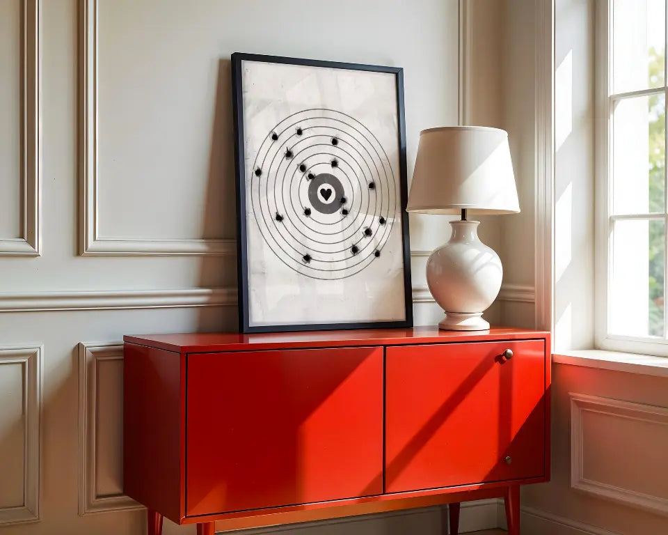 A framed black and white moving target art print with a black frame leans against a beige paneled wall on a bright red sideboard, next to a white table lamp in a sunlit room.