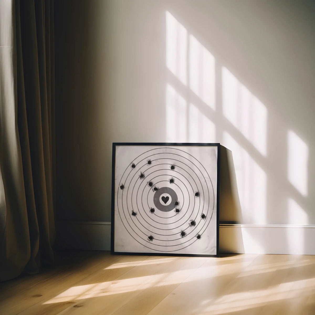 A square framed wall art print with a black circular target design and a small heart in the center, leaning against a wall on a wooden floor in a sunlit room.