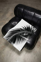 black and white paradise palm poster print on a black leather chair