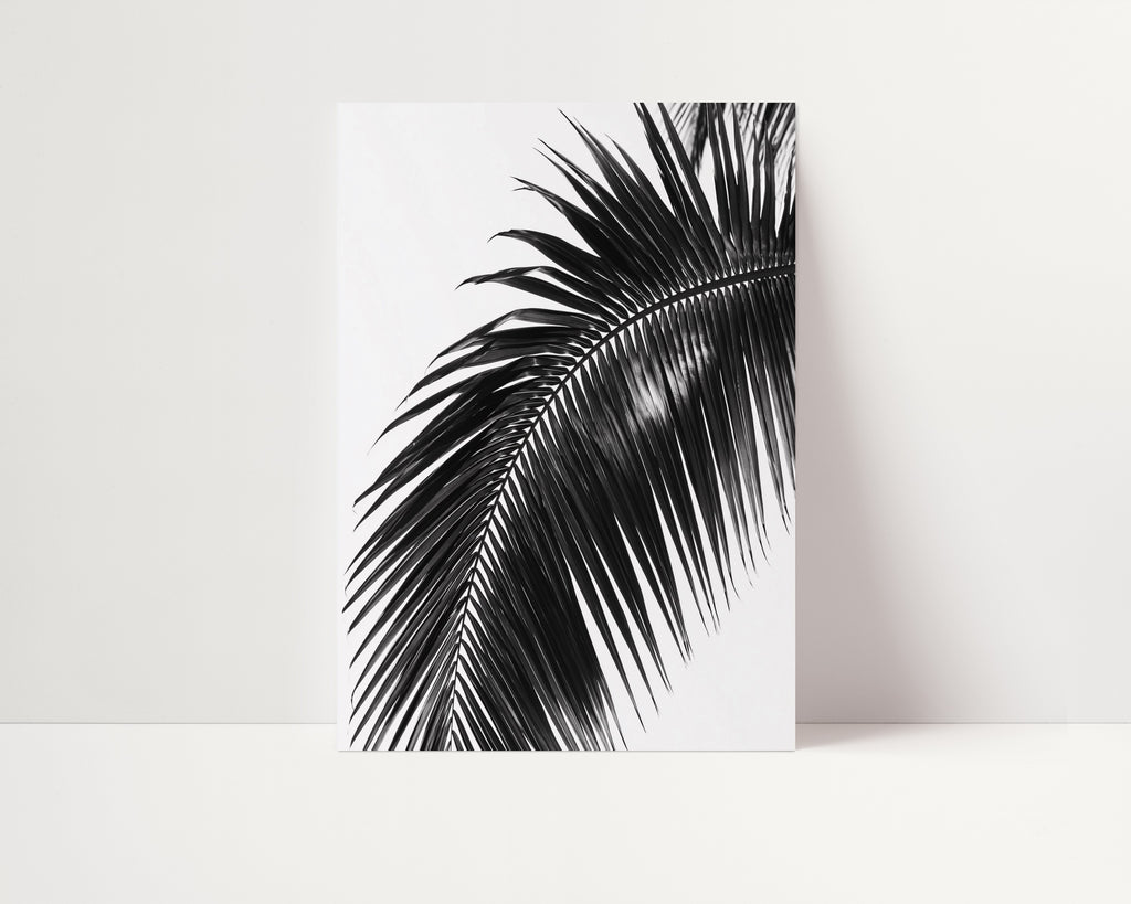 A vertical black and white art print featuring a close-up silhouette of a palm leaf, leaning against a white wall on a white floor.