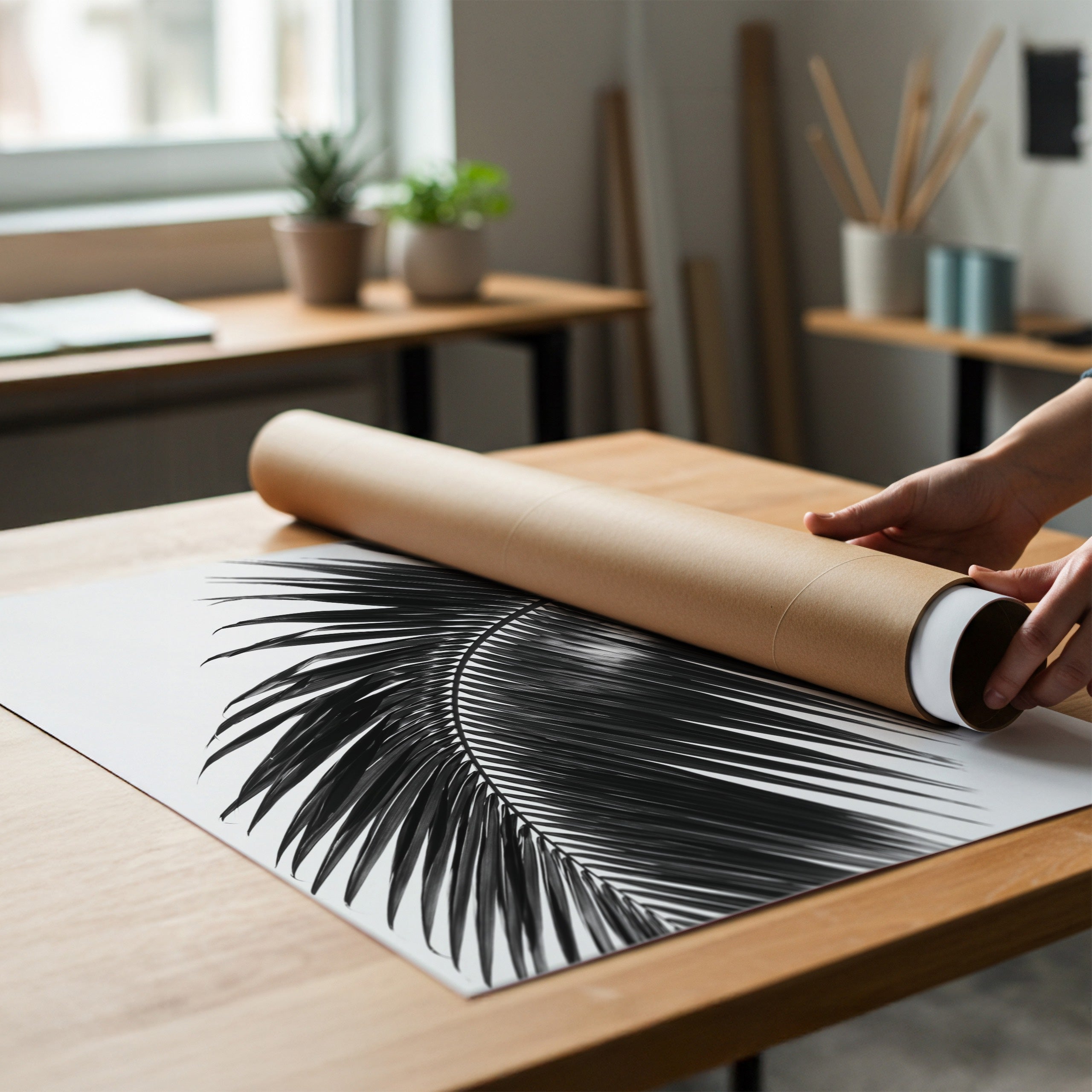 person unrolling black and white paradise palm poster print from a poster tube
