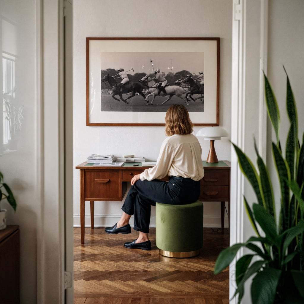 Woman sitting on a green stool in a room with a large framed black and white poster print hanging on wall 