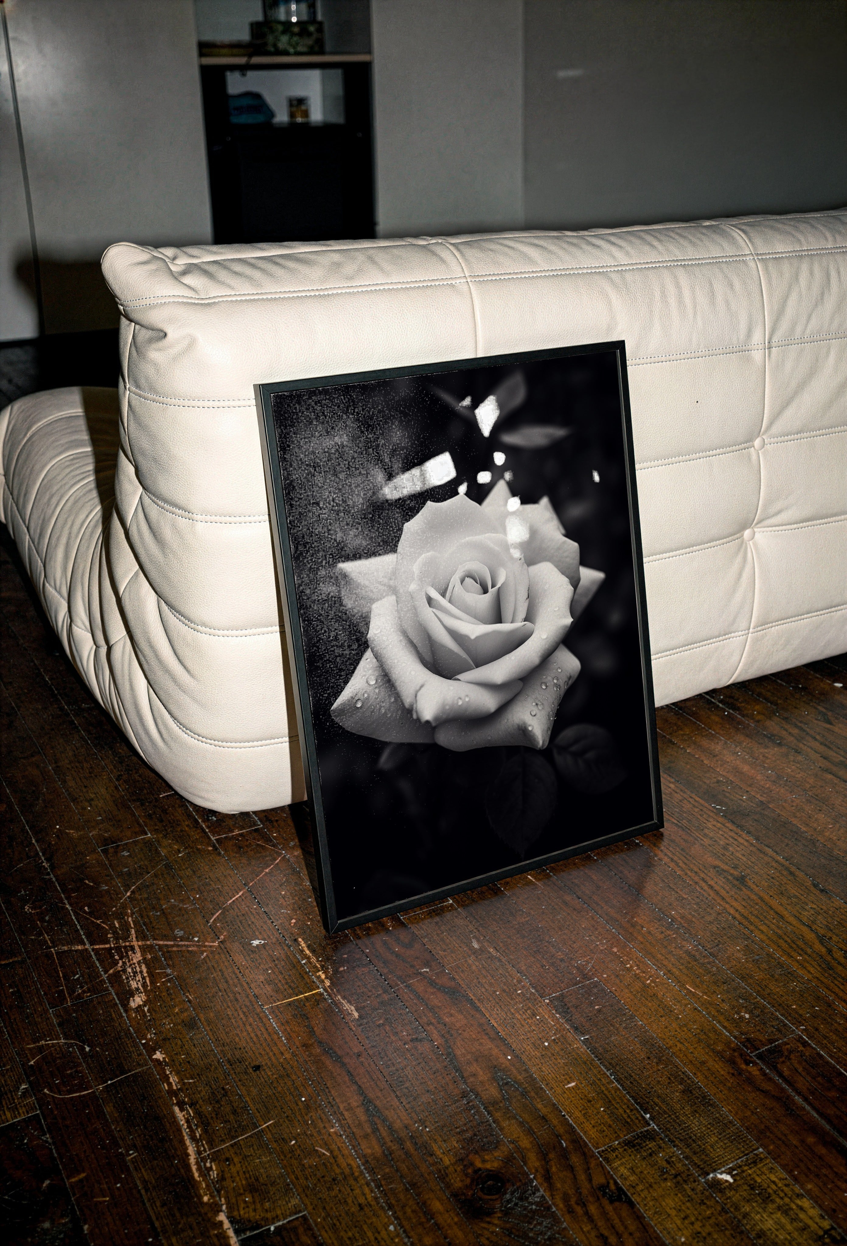 Framed black and white rose art print on a wooden floor with a white couch in the background