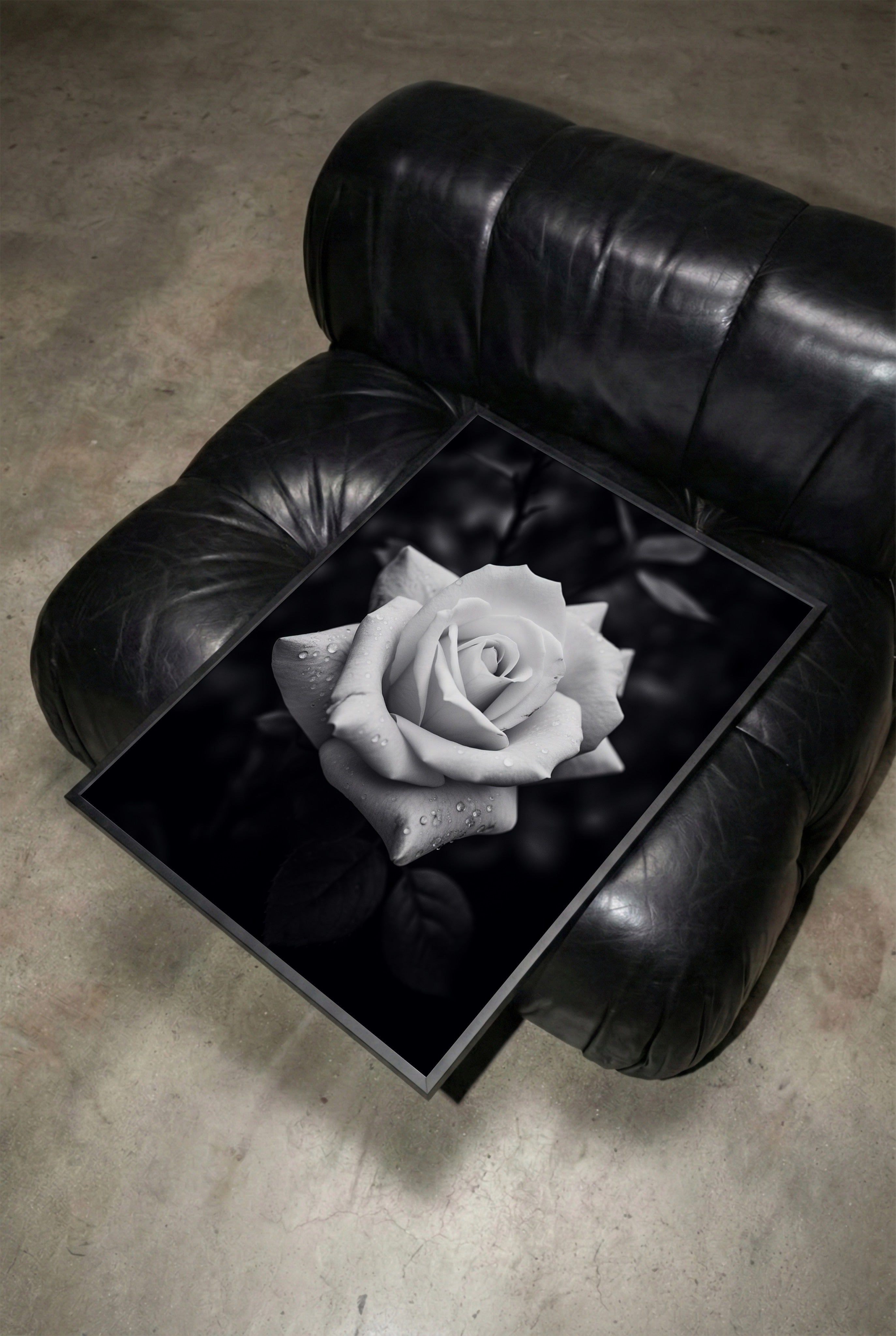 framed black and white rose poster print sitting on black leather chair