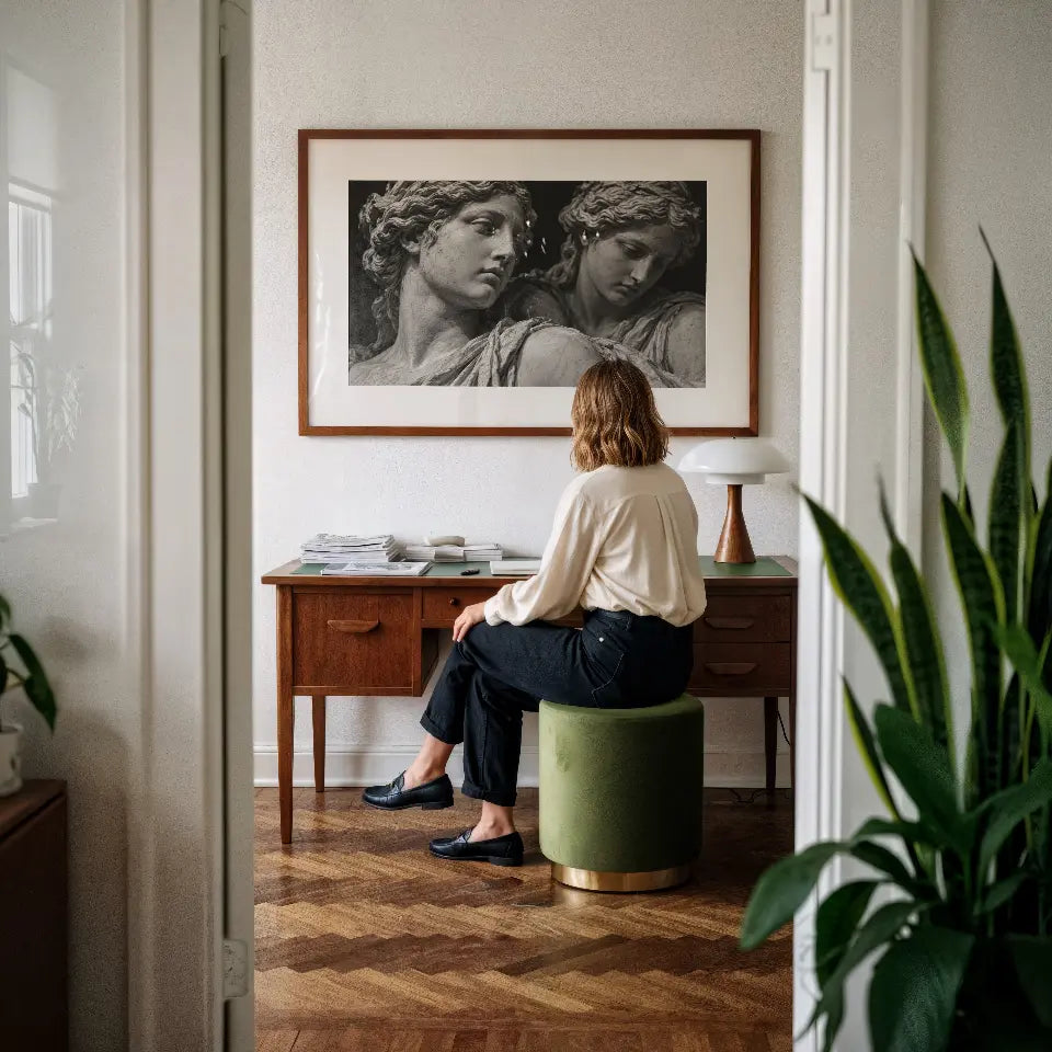 black and white marble statue wall art hanging as office decor above desk while a woman looks on