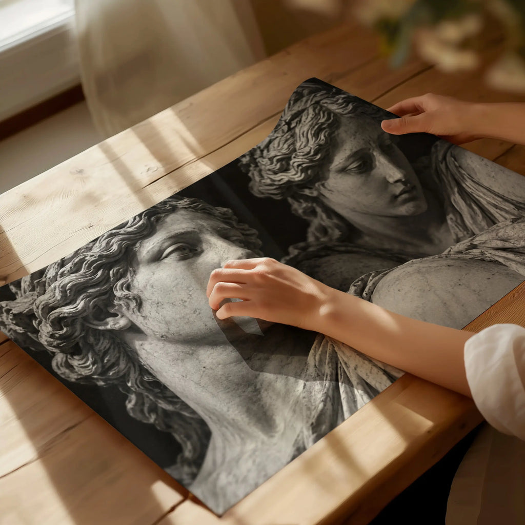 hands holding black and white set in stone marble statue poster print after unboxing