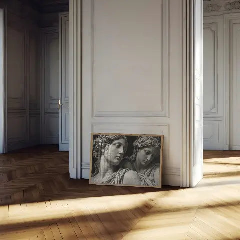 black and white roman statue poster print framed leaning against wall in empty room
