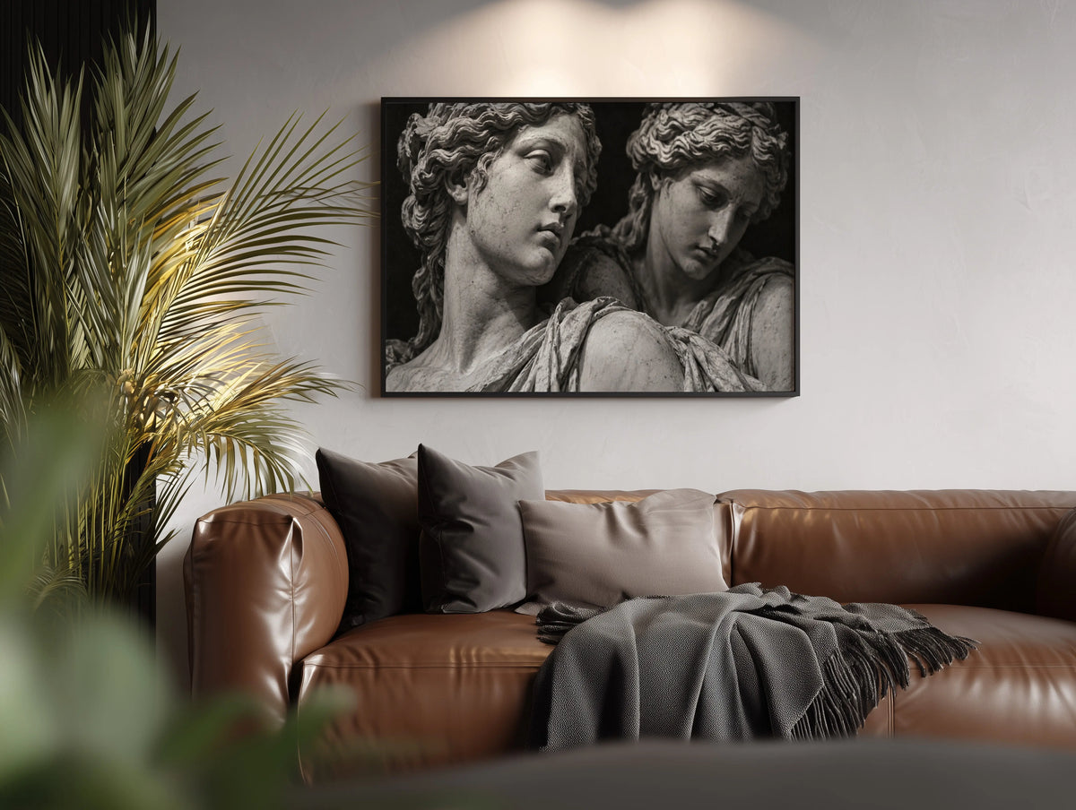 black and white set in stone marble stature wall art poster pring hanging in living room above brown leather couch