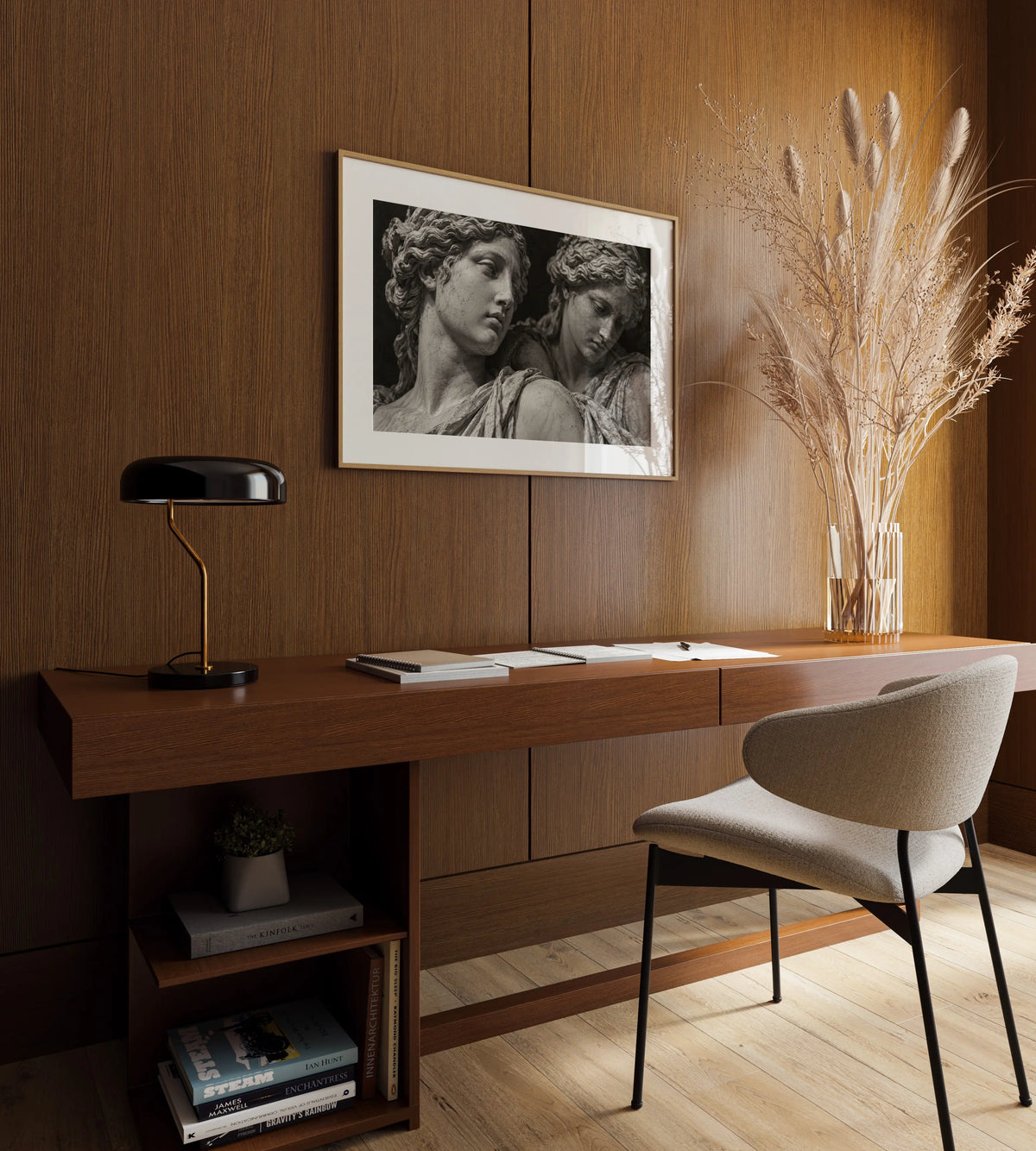 black and white poster print office decor hanging above desk 