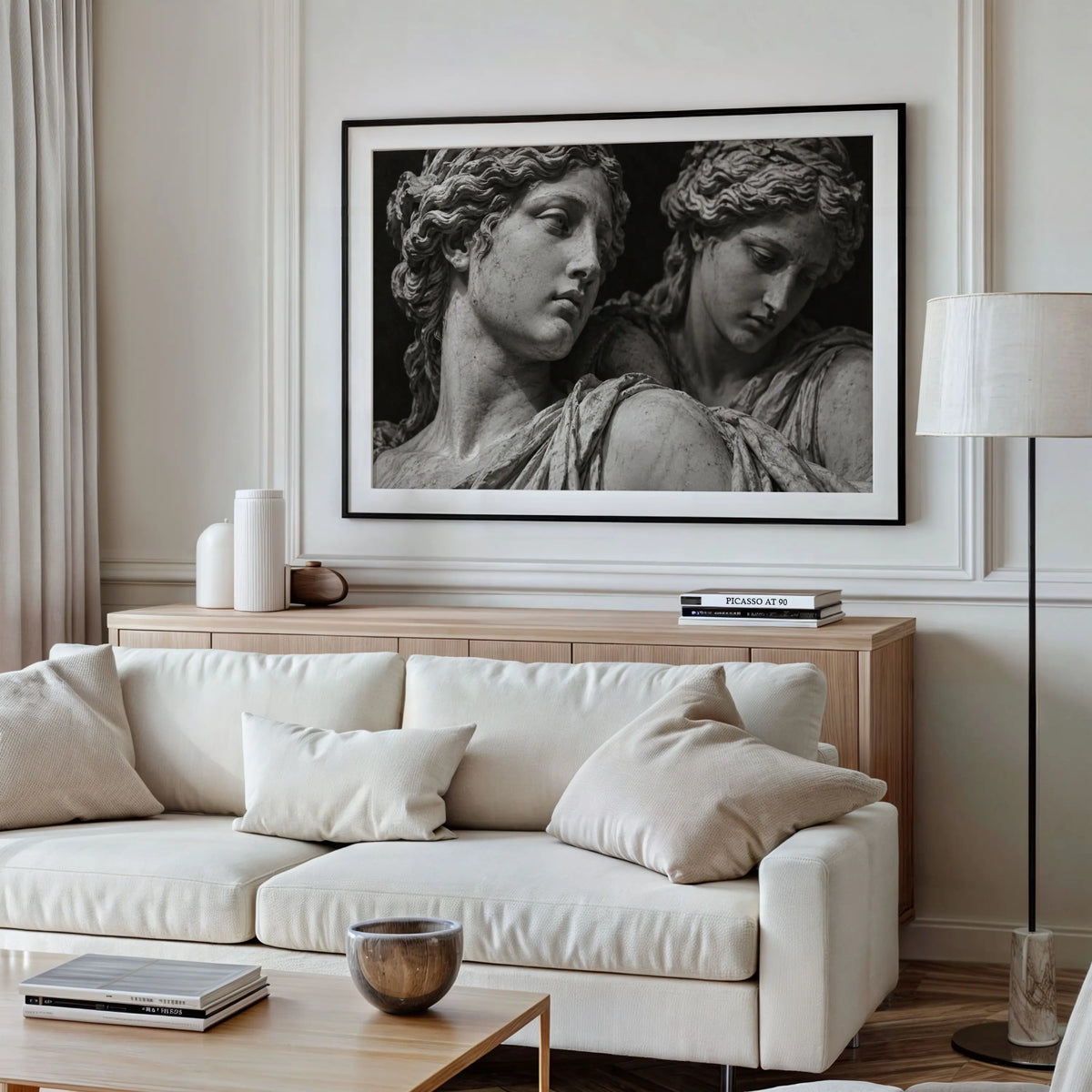 black and white set in stone marble stature wall art poster pring hanging in modern living room above white couch