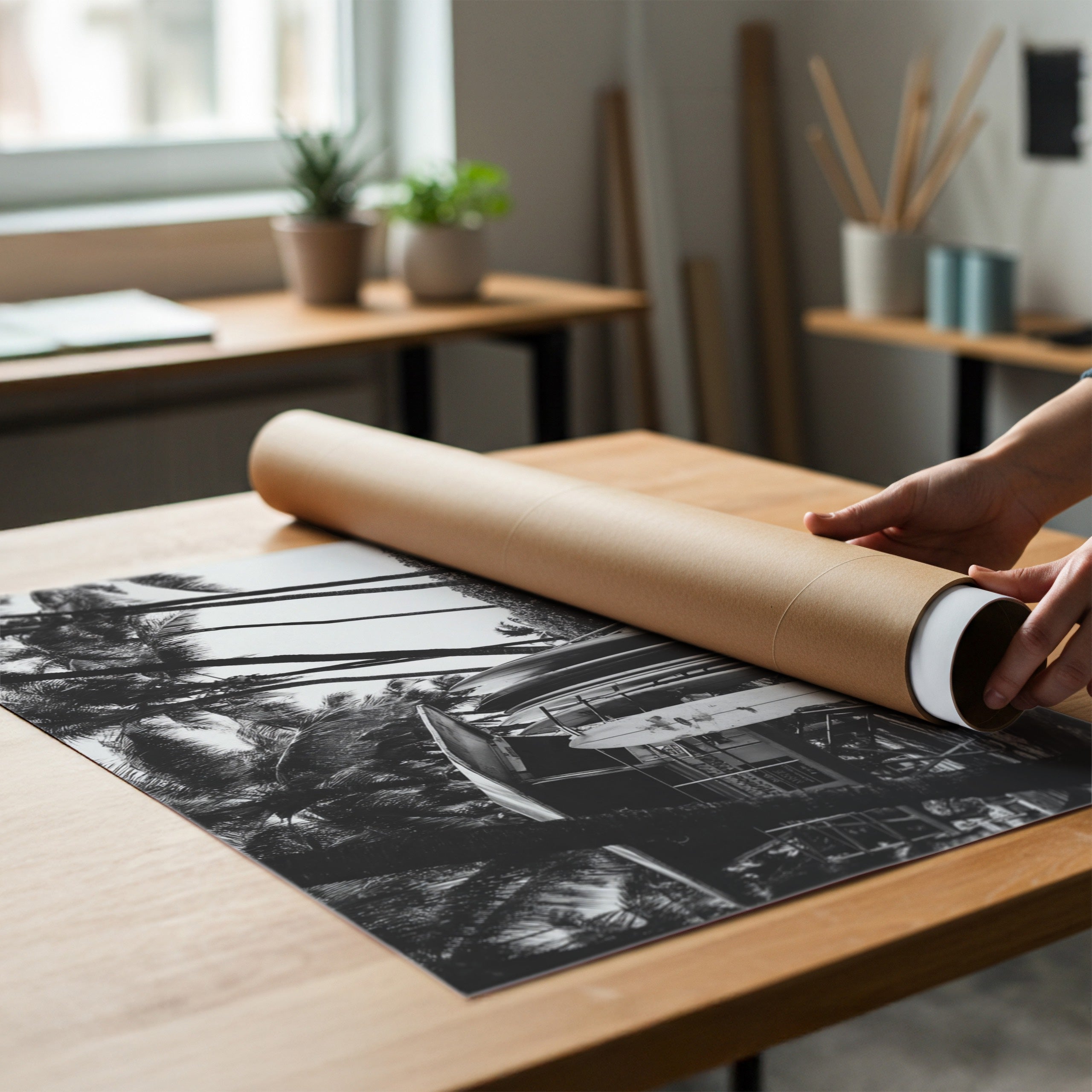 Person unrolling a large black and white print on a wooden table in a room with plants and furniture.