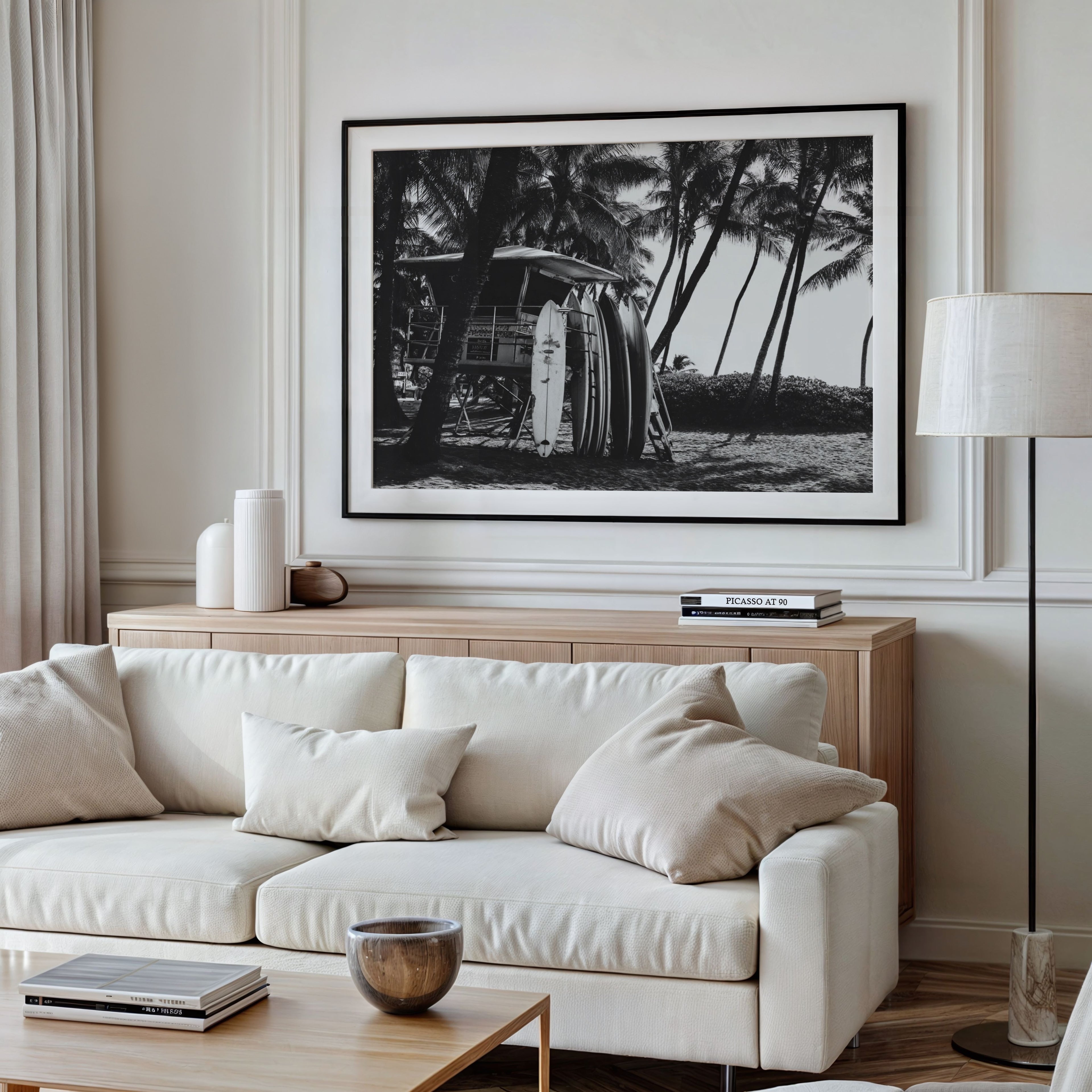 Framed black and white Surfs Up poster print hanging above couch in modern white living room