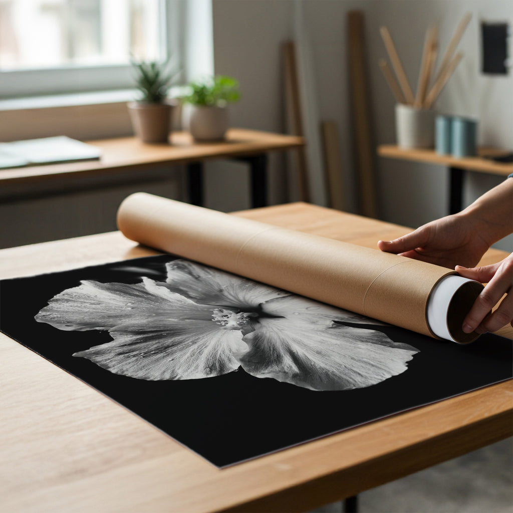 Person unrolling a large black and white floral print on a wooden table.