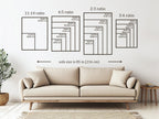 Beige sofa with measurements of different aspect ratios on a white wall.