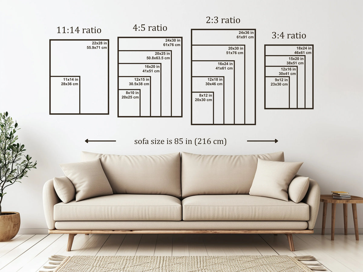 Beige sofa with measurements of different aspect ratios on a white wall.