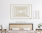 Bedroom with a bed and headboard, featuring a graphic with size comparisons for reference.