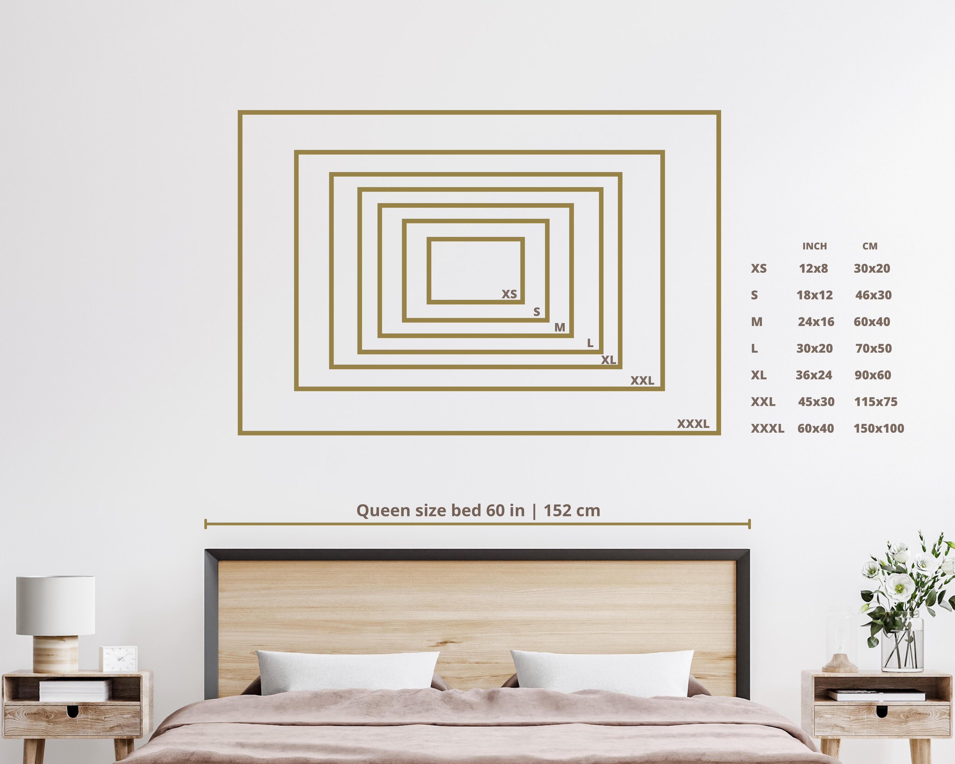 Bedroom with a bed and headboard, featuring a graphic with size comparisons for reference.